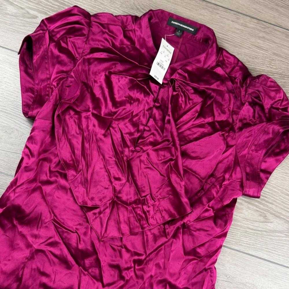 Express Women Silk Blend Ruffle Front Blouse Top Magenta Pink Large